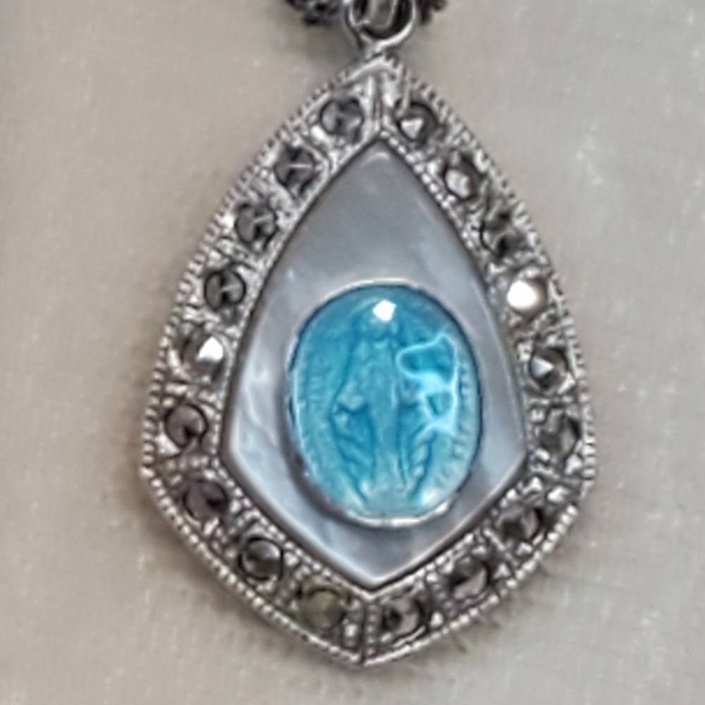 Vintage Sterling Blue Enamel Miraculous Mary‎ 9" Chain Necklace Religious